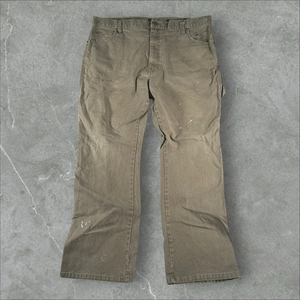 Dickies Carpenter Pants Mens 38X30 Olive Brown Paint Stains Distressed Utility